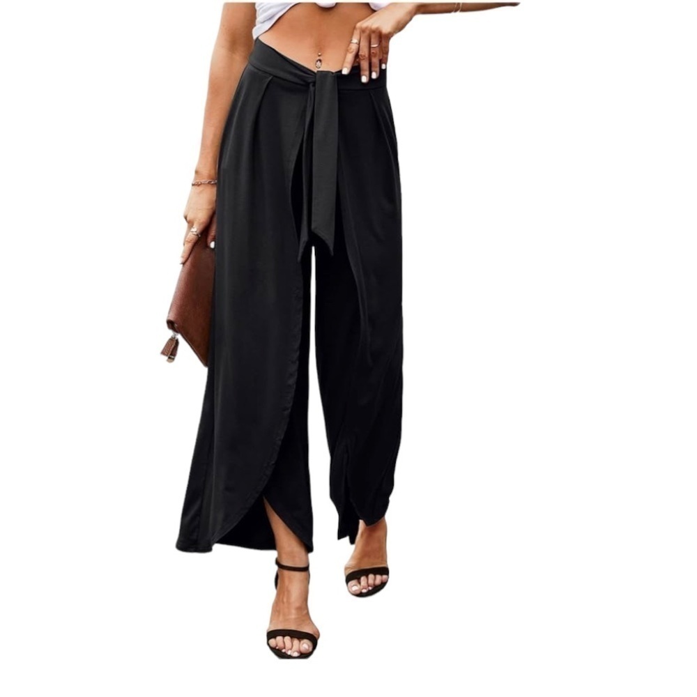 Shore Brand California Tie Front High Crossover Leg Slit Flowy Pants Navy Blue